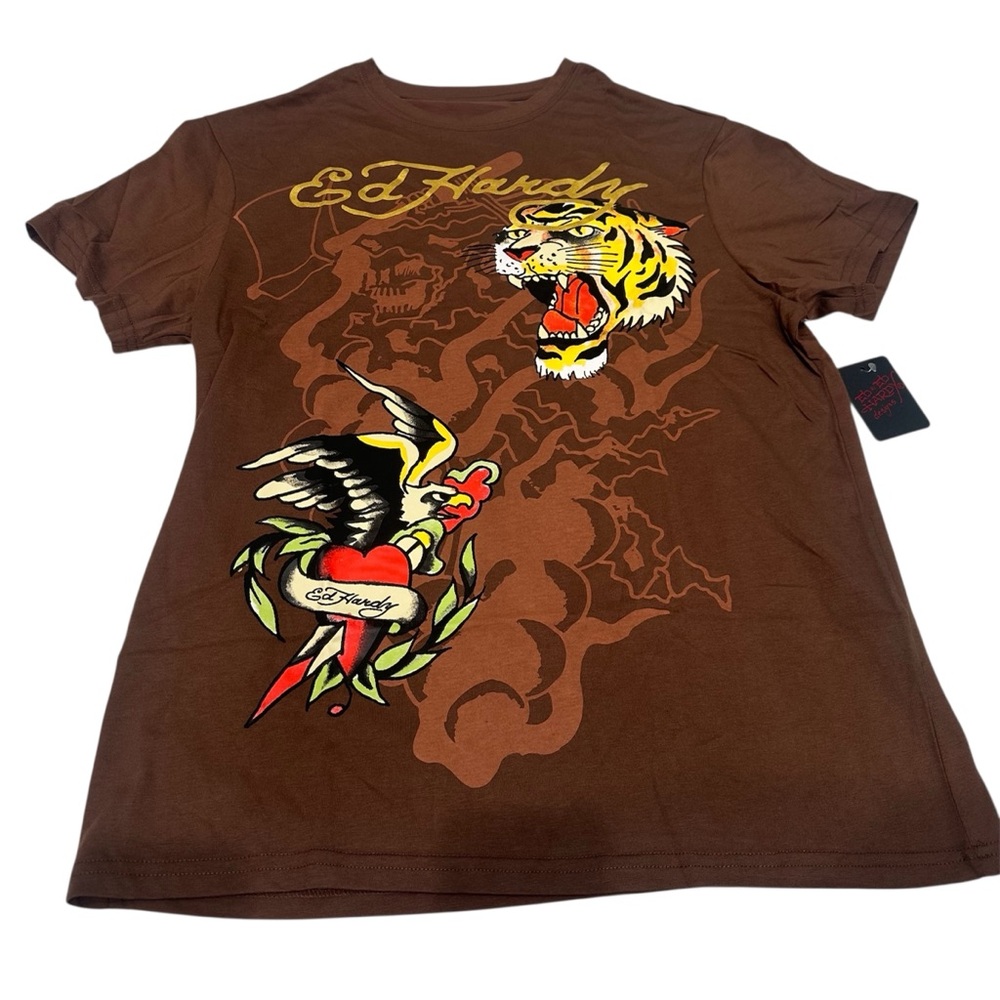 Ed Hardy T-Shirt Men's Size L Tiger And Eagle Print Short Sleeve Cocoa‎ NWT